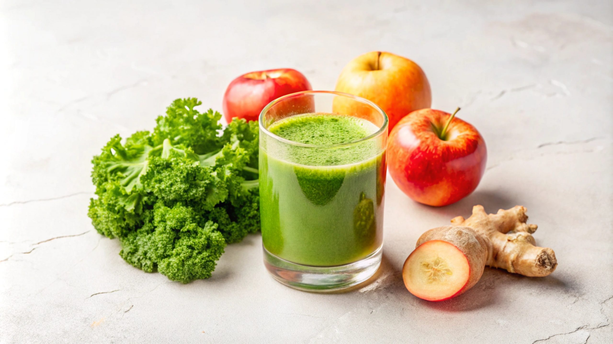 Fresh green smoothie with kale, apples, and ginger.